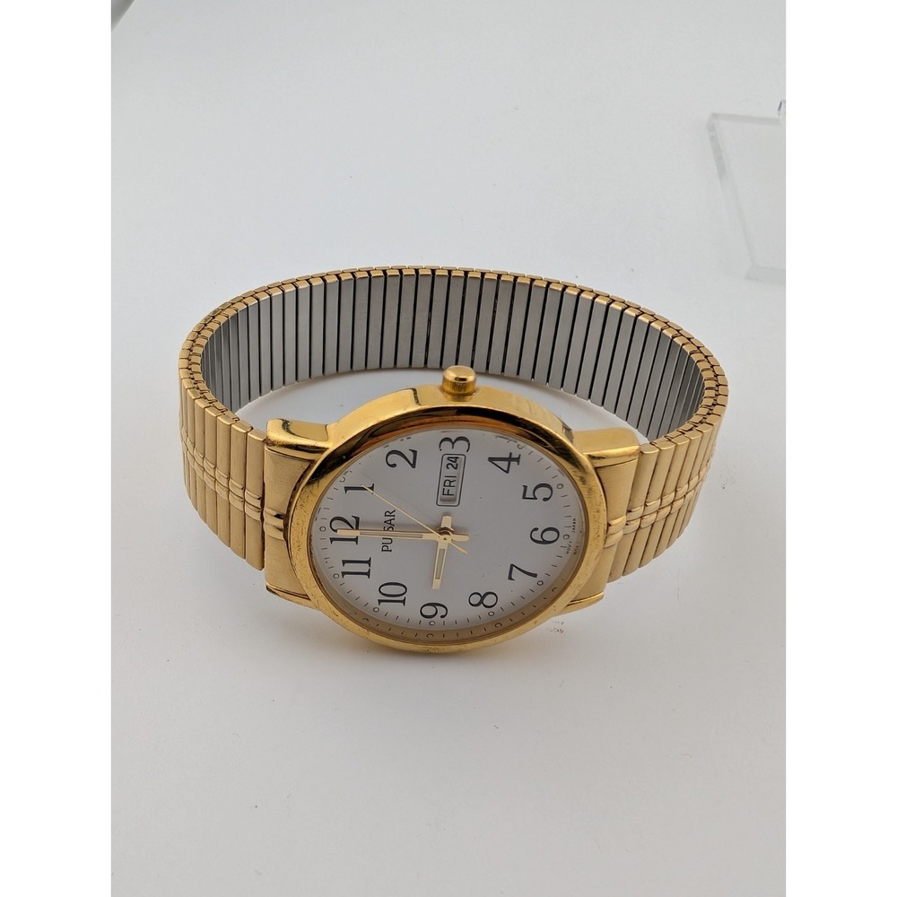 Vtg Pulsar Watch Men 35mm Case Gold Stretch Band VX33-X079 New Battery - Picture 4 of 8